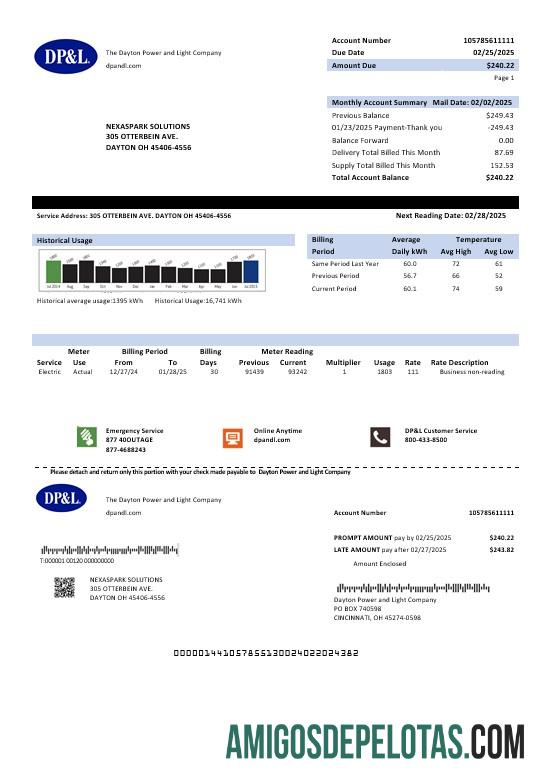 Para baixar modelo de fatura de serviços públicos comerciais EUA Ohio DP&L em formatos Word e PDF